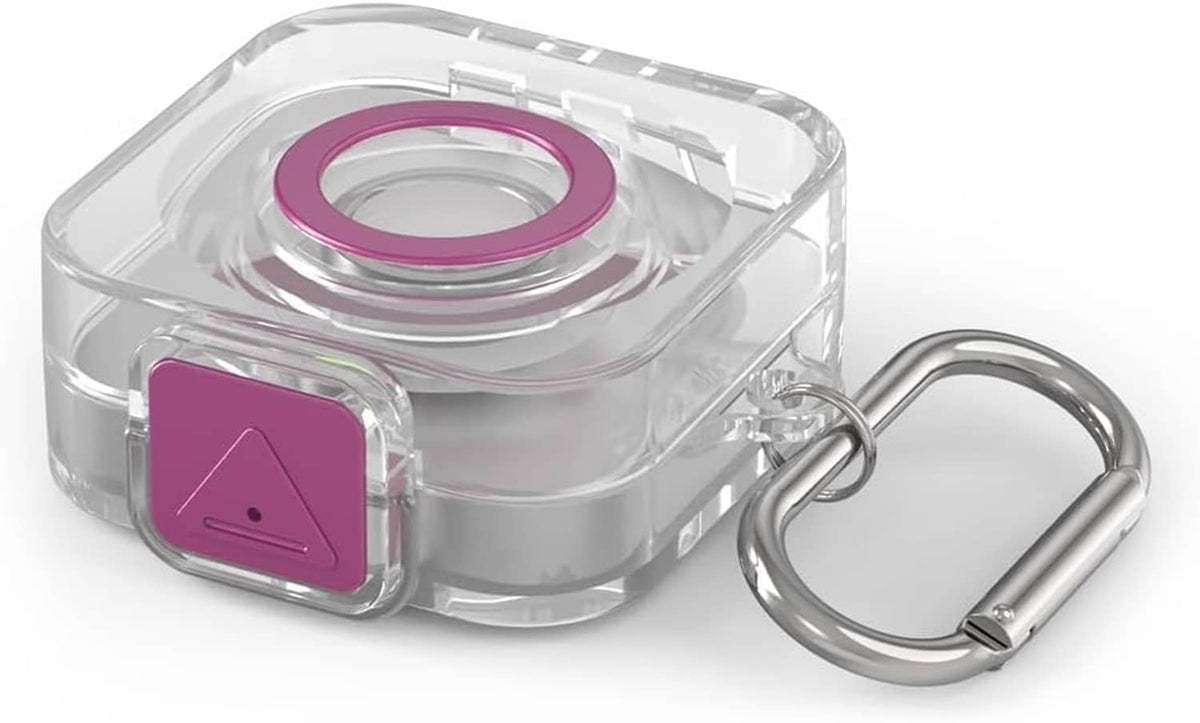 Clear TPU charger protector case with purple insert and carabiner clip, angled view