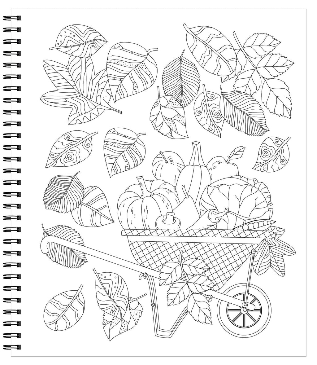 Spiral-bound garden coloring page with line art of leaves, flowers, and a wheelbarrow