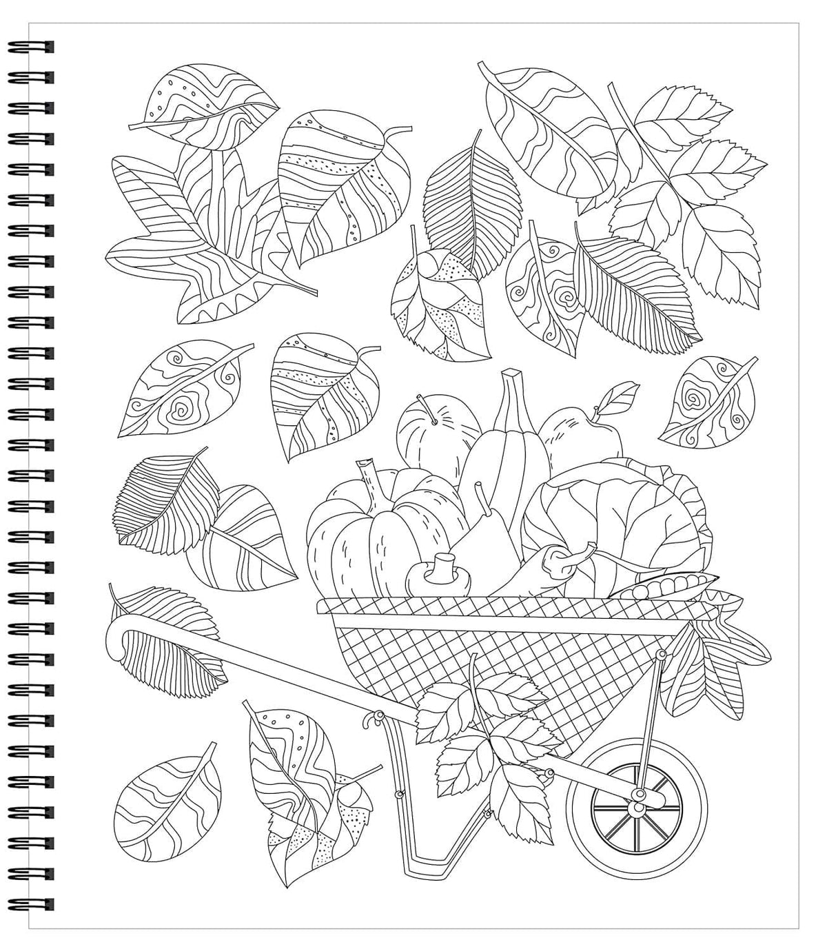 Spiral-bound garden coloring page with line art of leaves, flowers, and a wheelbarrow