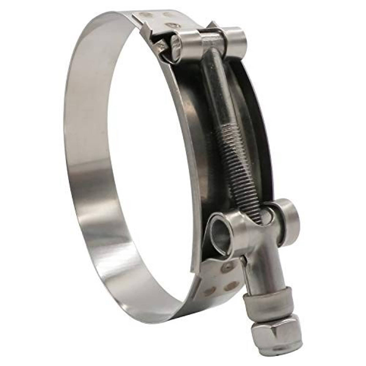 T-bolt hose clamp with stainless steel band, two-bolt saddle and screw threads