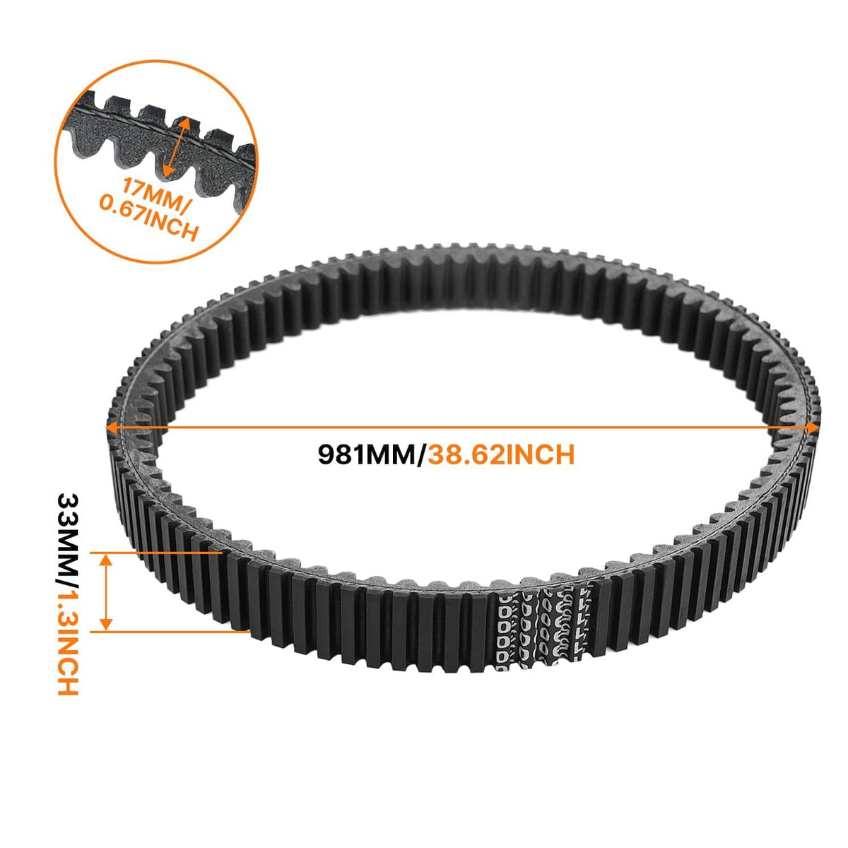 Black clutch drive belt with serrated edges and ribbed teeth, shown in a full ring