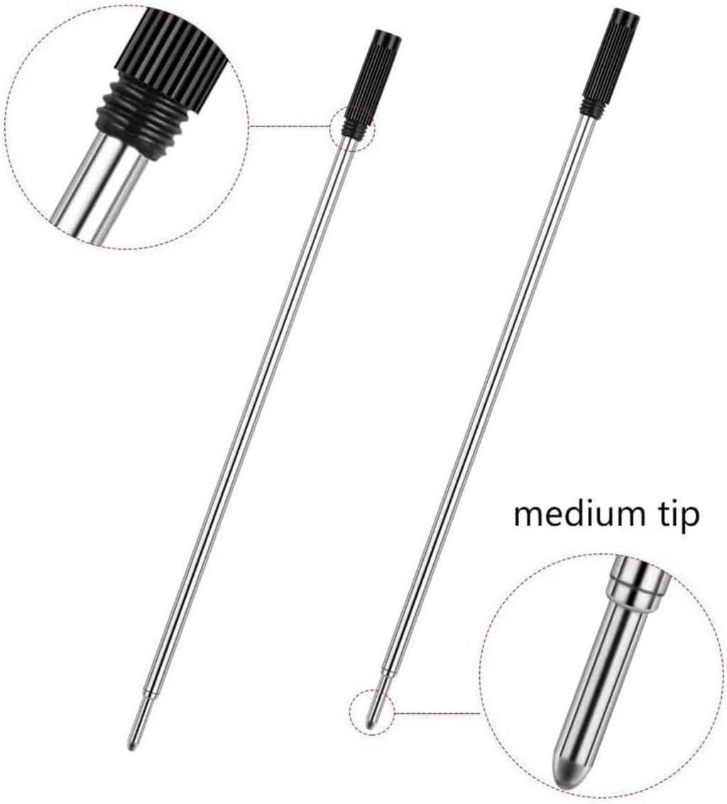 Ballpoint pen refills with black ribbed tips; close-up detail of the medium tip