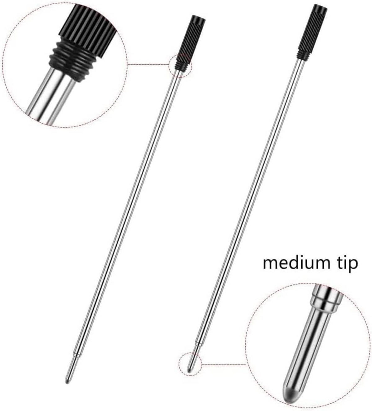 Ballpoint pen refills with black ribbed tips; close-up detail of the medium tip
