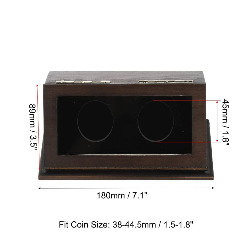 Dark brown 2-slot coin display case with two coin compartments under clear window