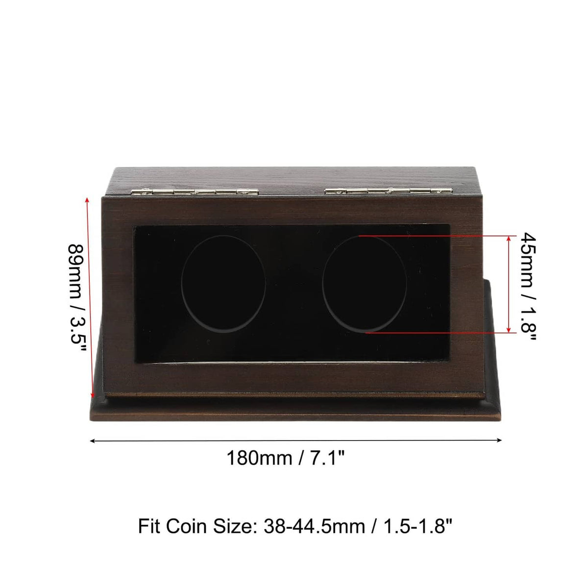 Dark brown 2-slot coin display case with two coin compartments under clear window