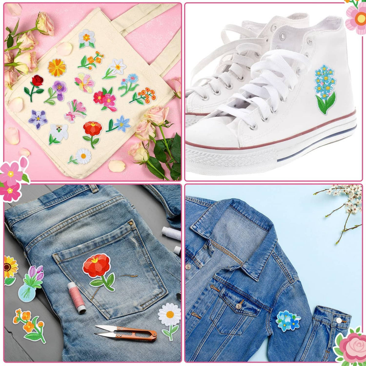 Pastel flower iron-on patches on fabric and white sneakers with denim accents