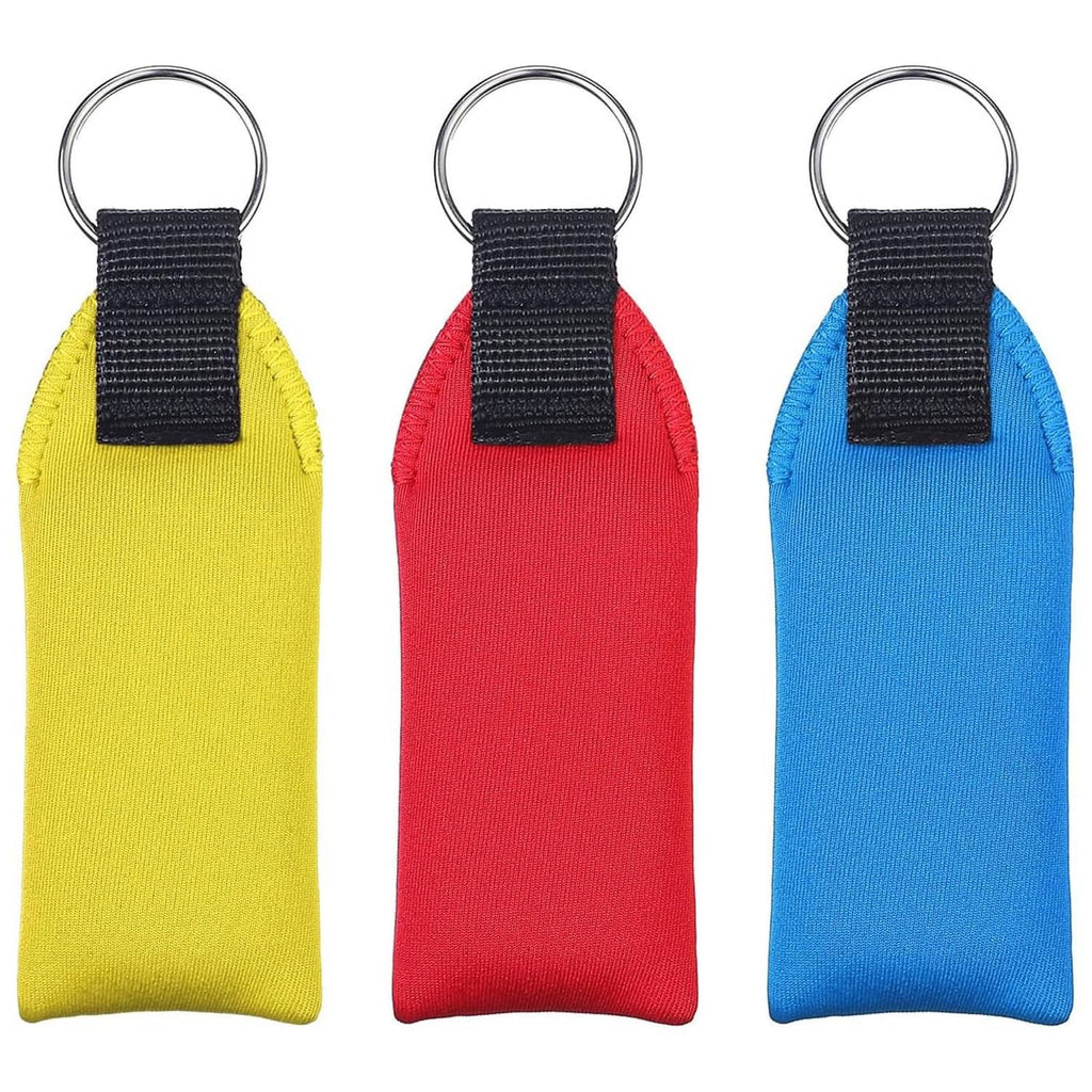 Three neoprene floating keychain pouches with black straps, yellow red and blue, metal rings