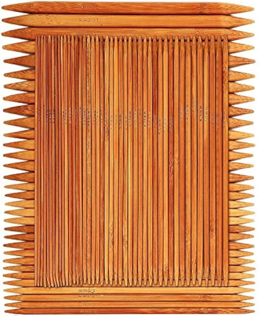 Double-pointed bamboo knitting needles laid out in square bundle with marked shafts