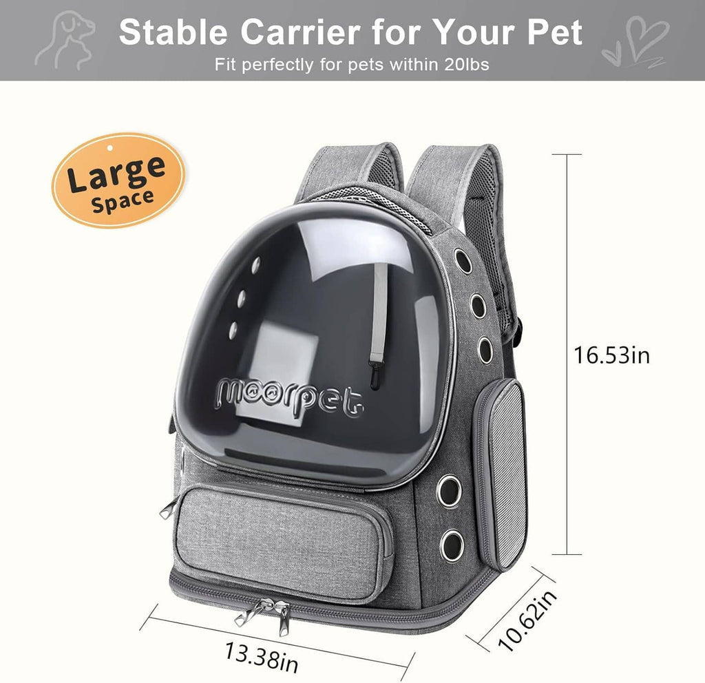 Gray large cat bubble backpack carrier with clear window and front zip pocket.