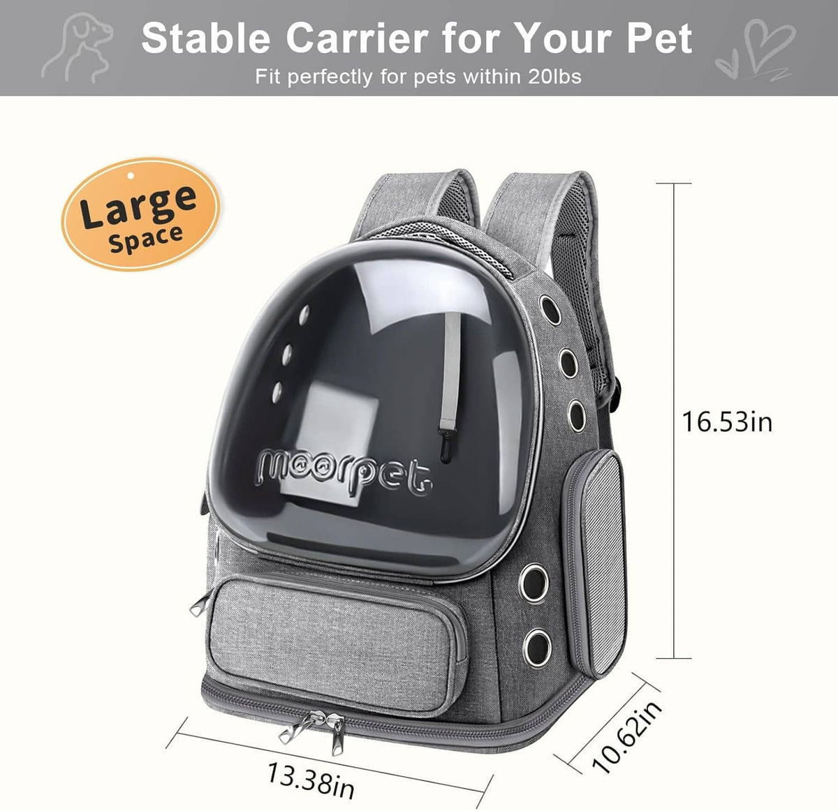 Gray large cat bubble backpack carrier with clear window and front zip pocket.