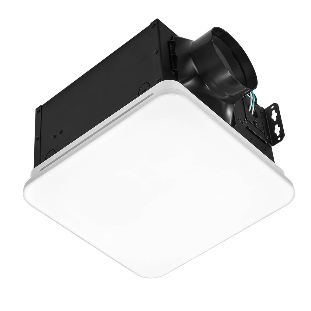 Square ceiling ventilation fan with LED light, white grille and black duct housing