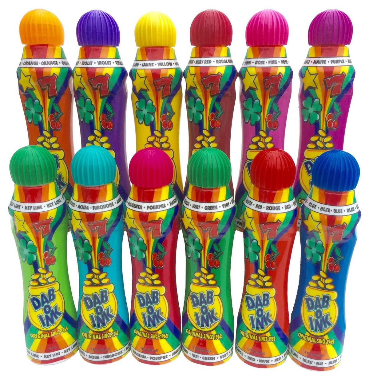 Bingo dauber ink bottles with ribbed caps in mixed colors, assorted bottles