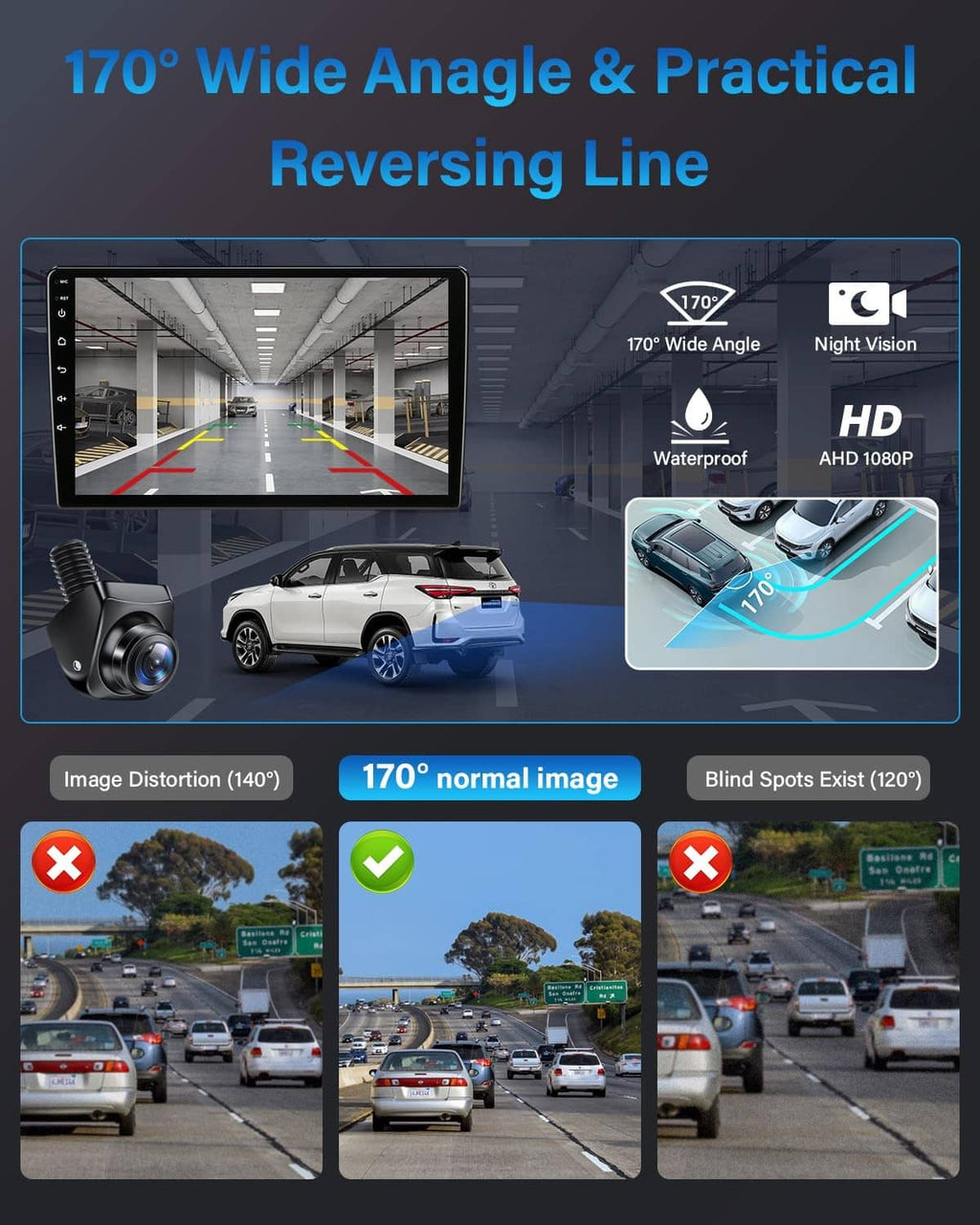 Car backup camera display with wide-angle reversing lines and night vision panel