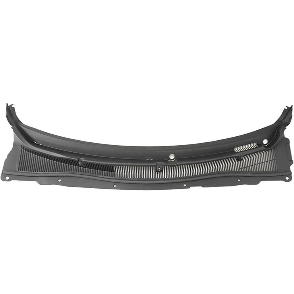 Black windshield wiper cowl cover panel with vented fins, center grommet, and side clips