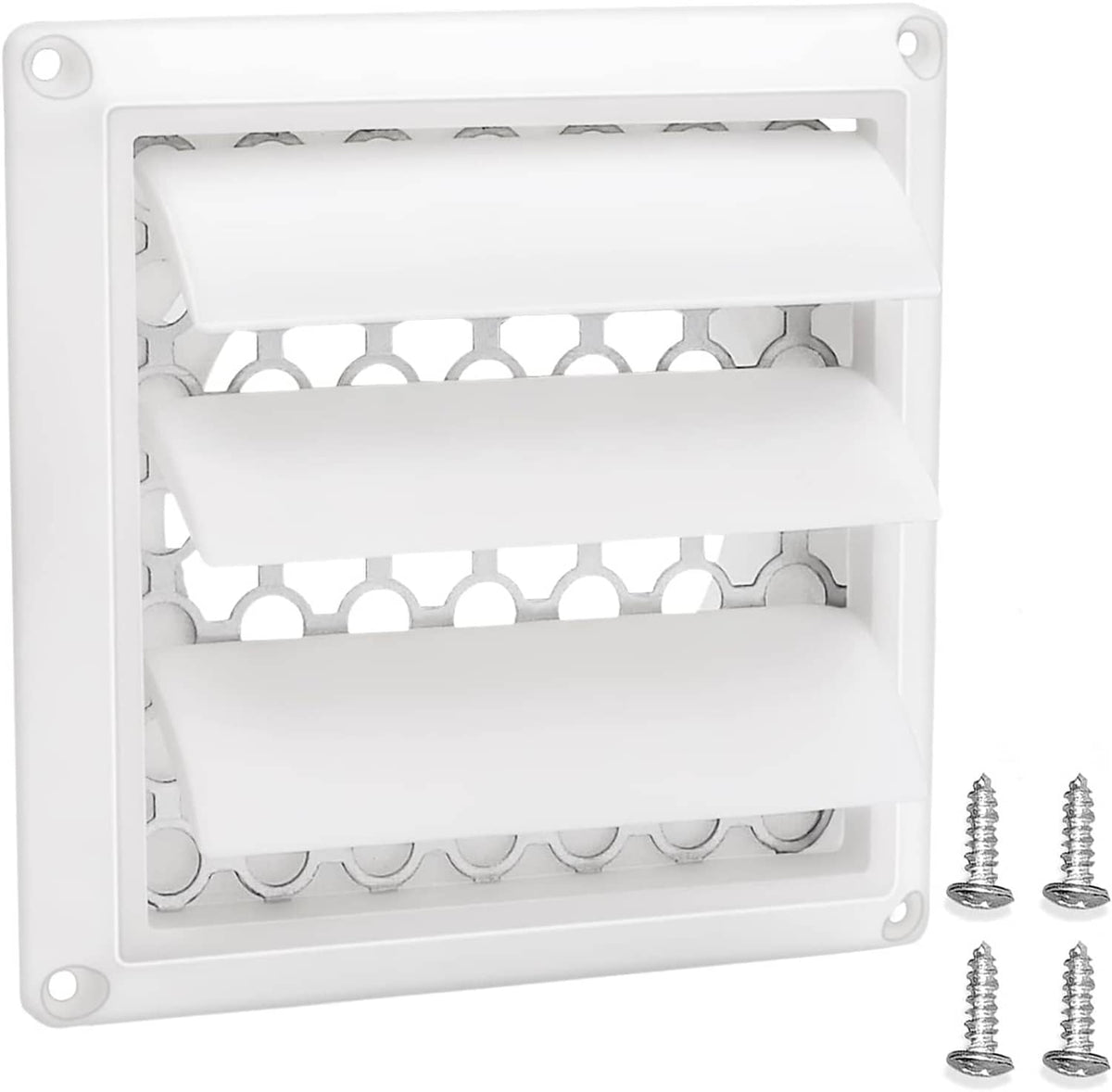 White louvered dryer vent cover with rectangular frame, circular grille, and four mounting screws