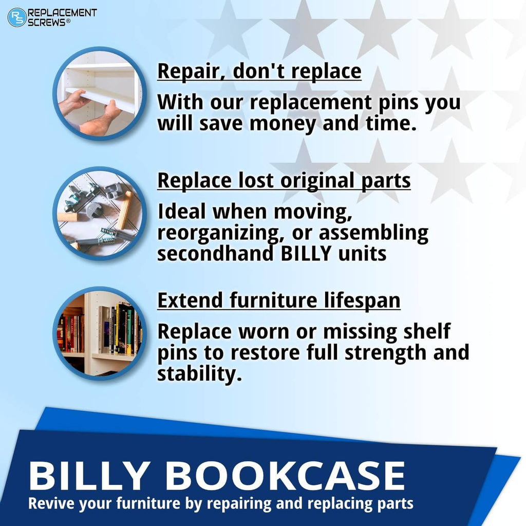 Replacement shelf pins pack shown with multiple pin silhouettes in a graphic inset