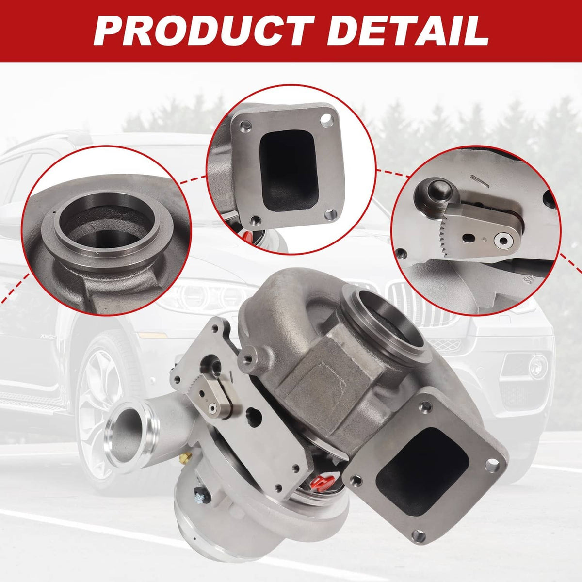 Turbocharger with silver housings, showing outlet and mounting plate from multiple sides.