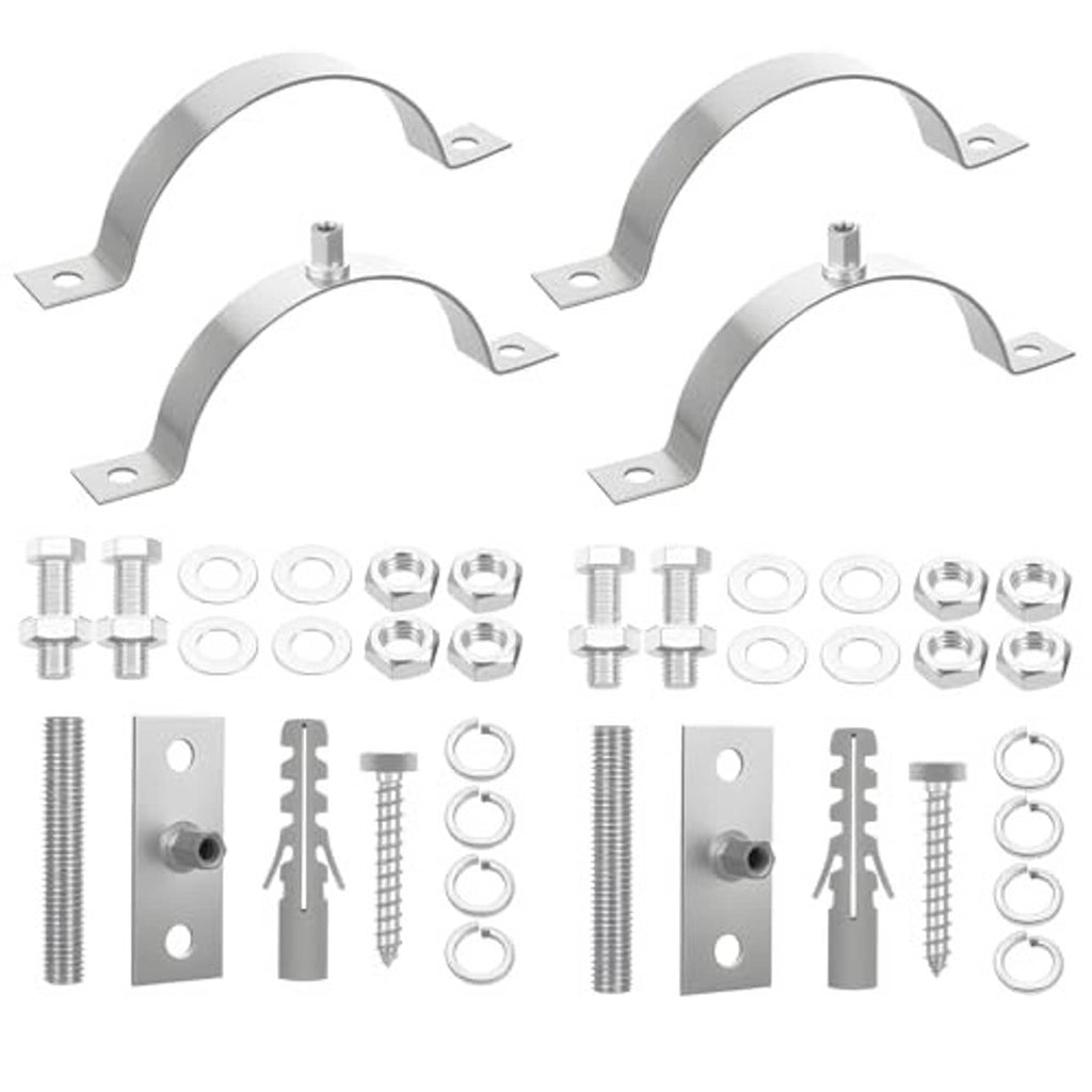 Galvanized pipe split-ring bracket kit with rings, bolts, washers, and base plates