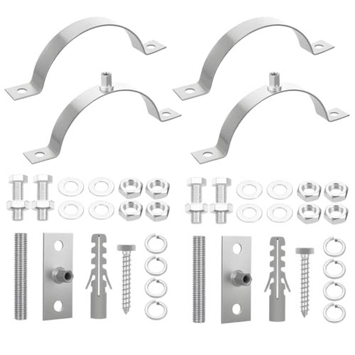 Galvanized pipe split-ring bracket kit with rings, bolts, washers, and base plates