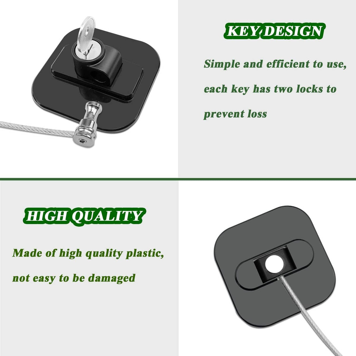Black refrigerator cable lock with key inserted in the padlock housing and cord