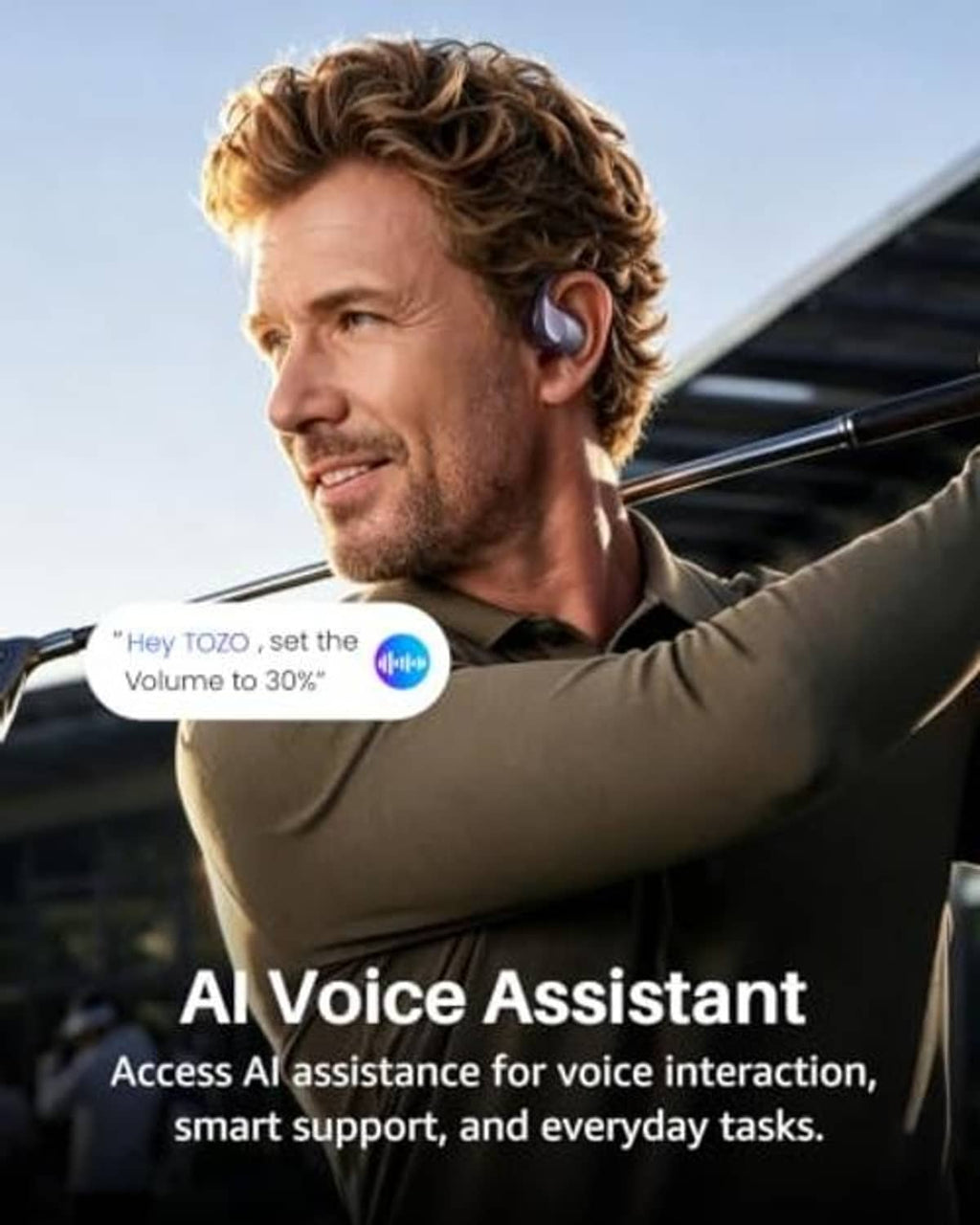Black open-ear earbuds worn on ear with curved neckband design