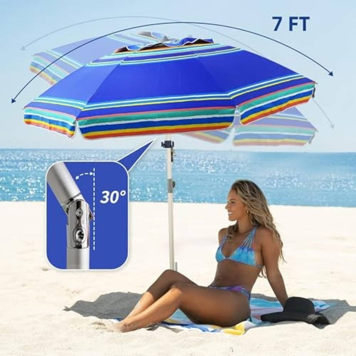 Blue 7 ft beach umbrella with striped canopy and center pole