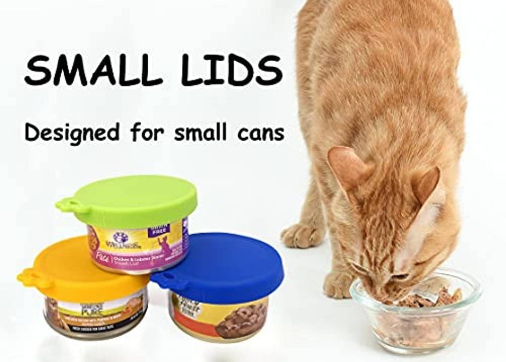 Small silicone can lids, green, blue, and orange, for pet food cans
