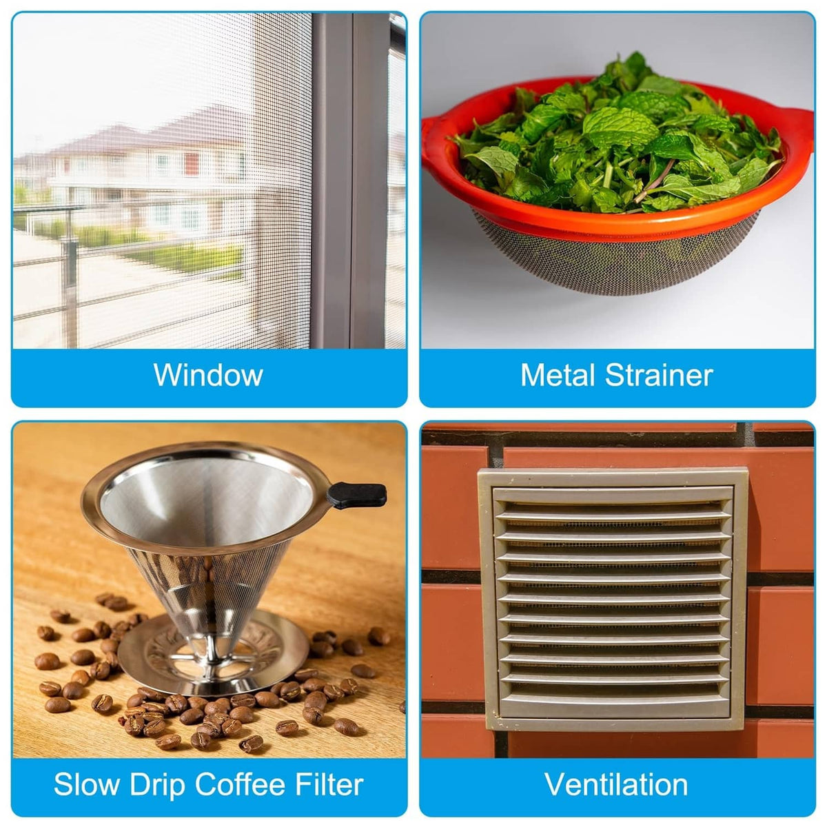 Stainless steel mesh screen uses: window, strainer, coffee filter, ventilation