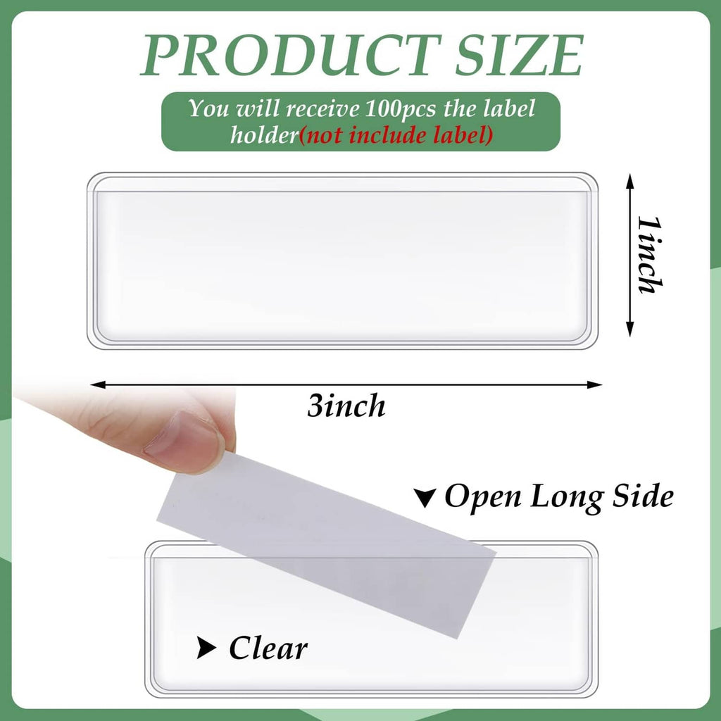Meanplan clear label holder template showing size 1 x 3 in and open long side