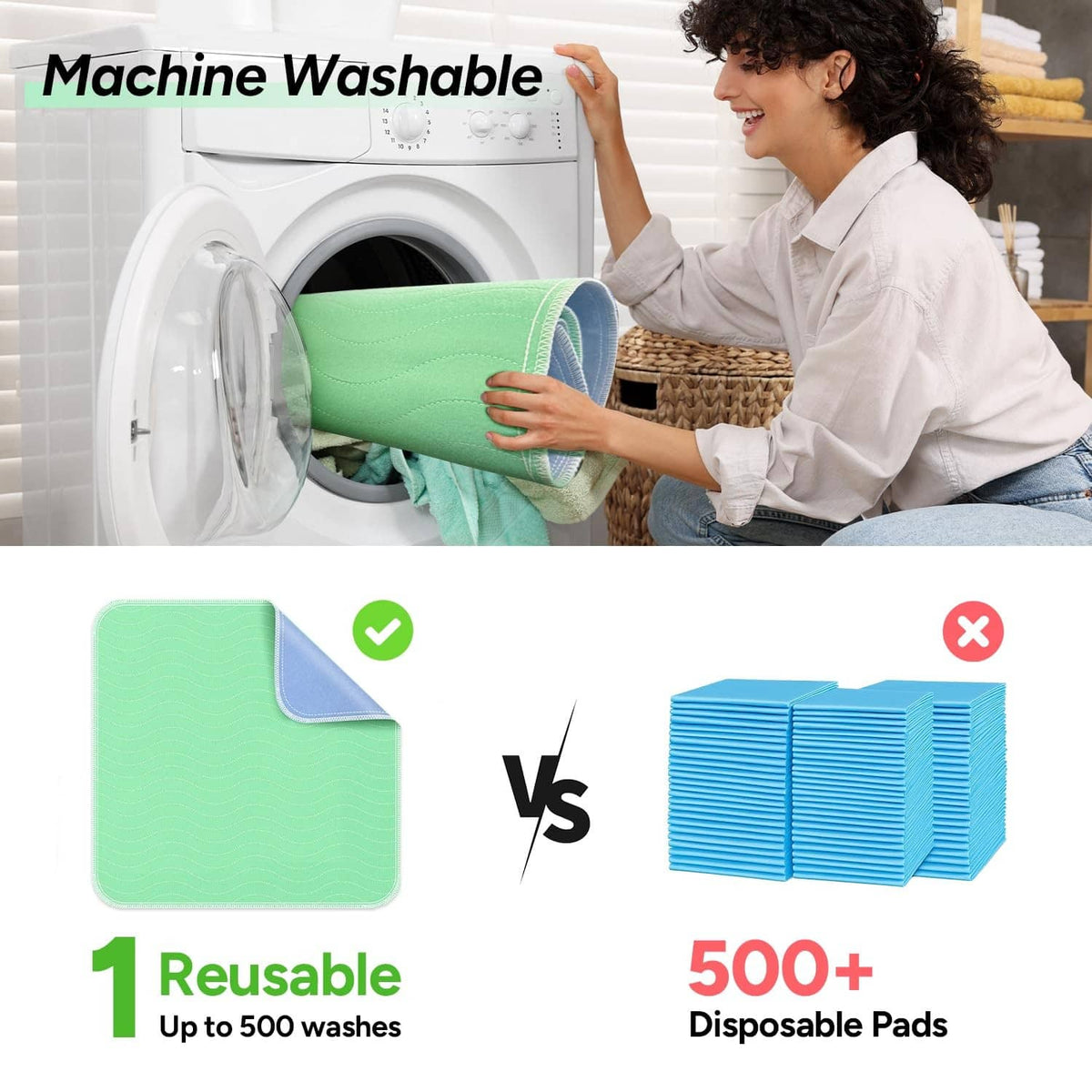 Machine-washable green bed pads shown being washed, reusable up to 500 washes