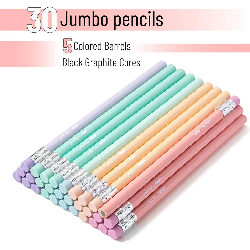 Pastel-colored jumbo pencils stacked together, silver ferrules and sharpened lead tips