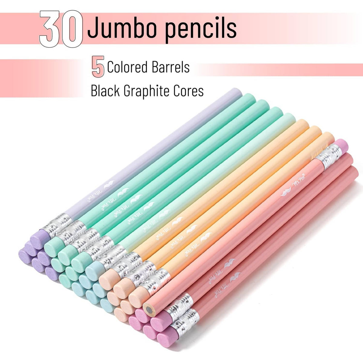 Pastel-colored jumbo pencils stacked together, silver ferrules and sharpened lead tips