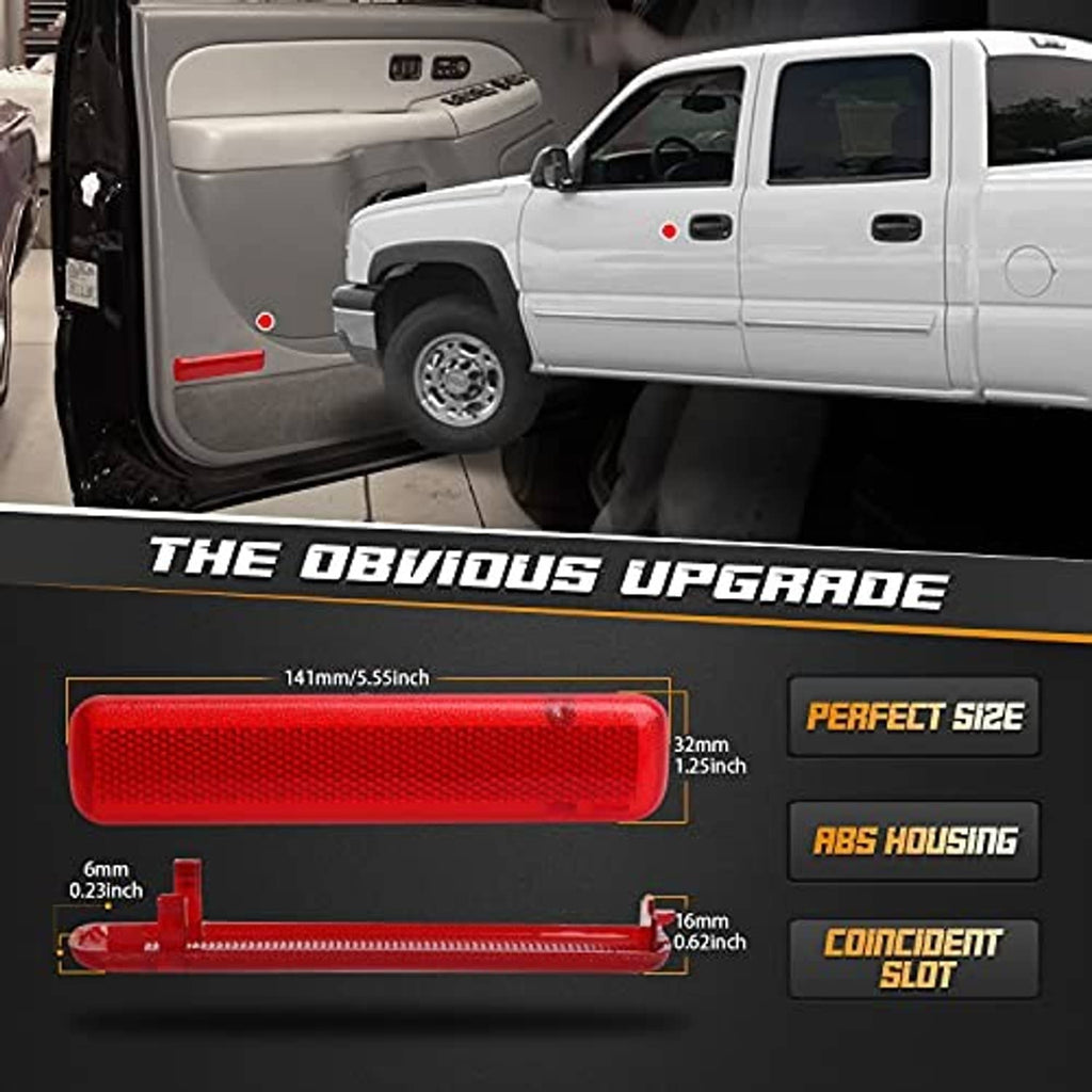 Red rear door reflector light cover trim panel with textured lens surface, long strip