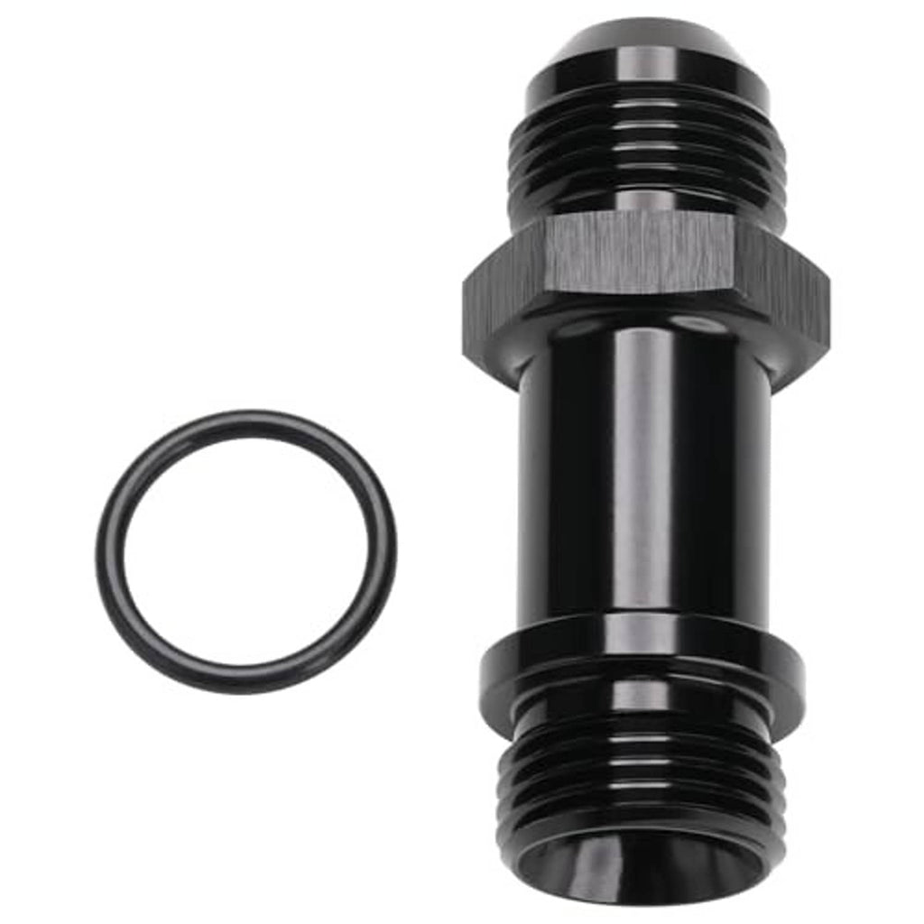 Black AN flare-to-ORB extension fitting with O-ring, straight view of threads