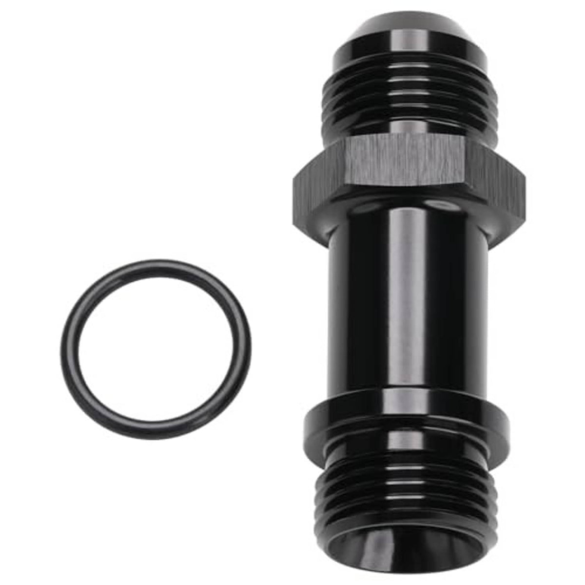 Black AN flare-to-ORB extension fitting with O-ring, straight view of threads
