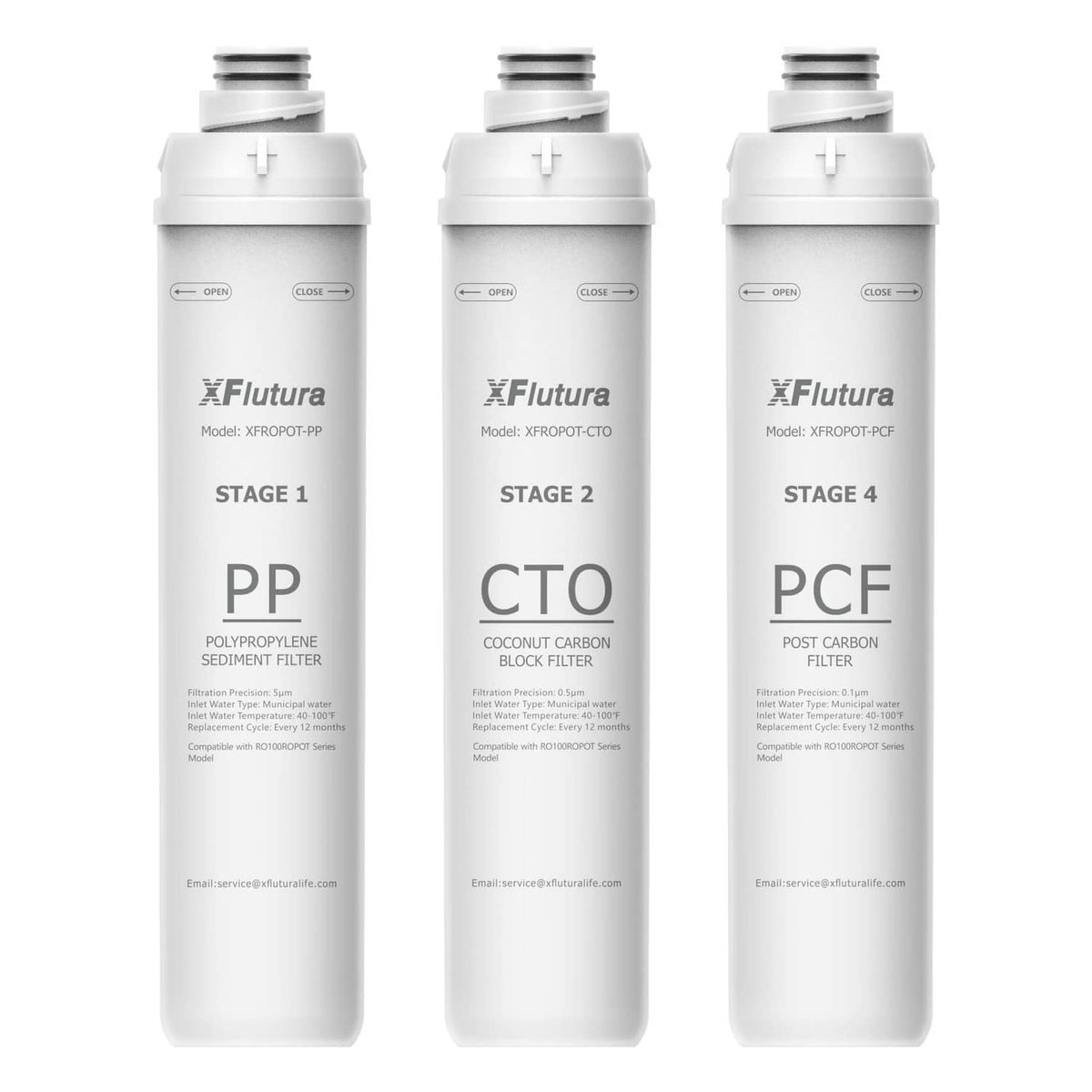 Replacement RO filter cartridges set: Stage 1 PP, Stage 2 CTO, Stage 4 PCF