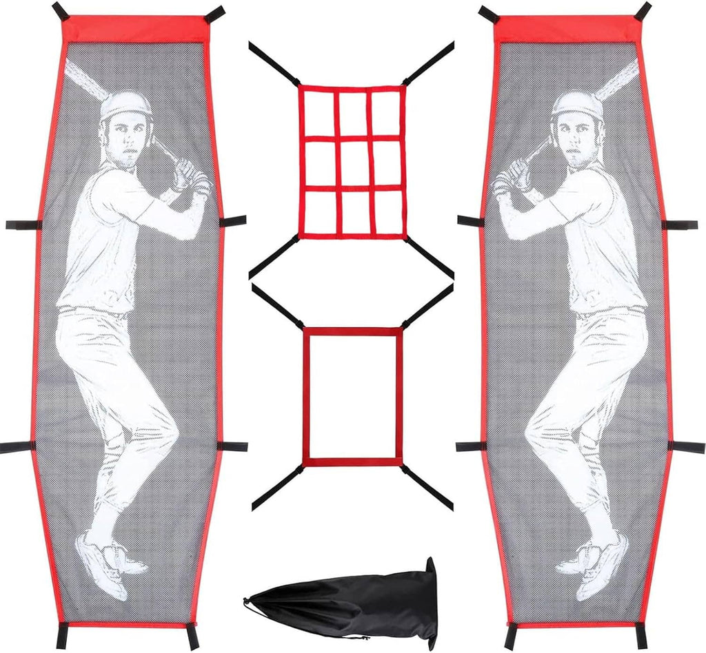 Baseball pitching target dummy training net with red grid frame and two gray panels