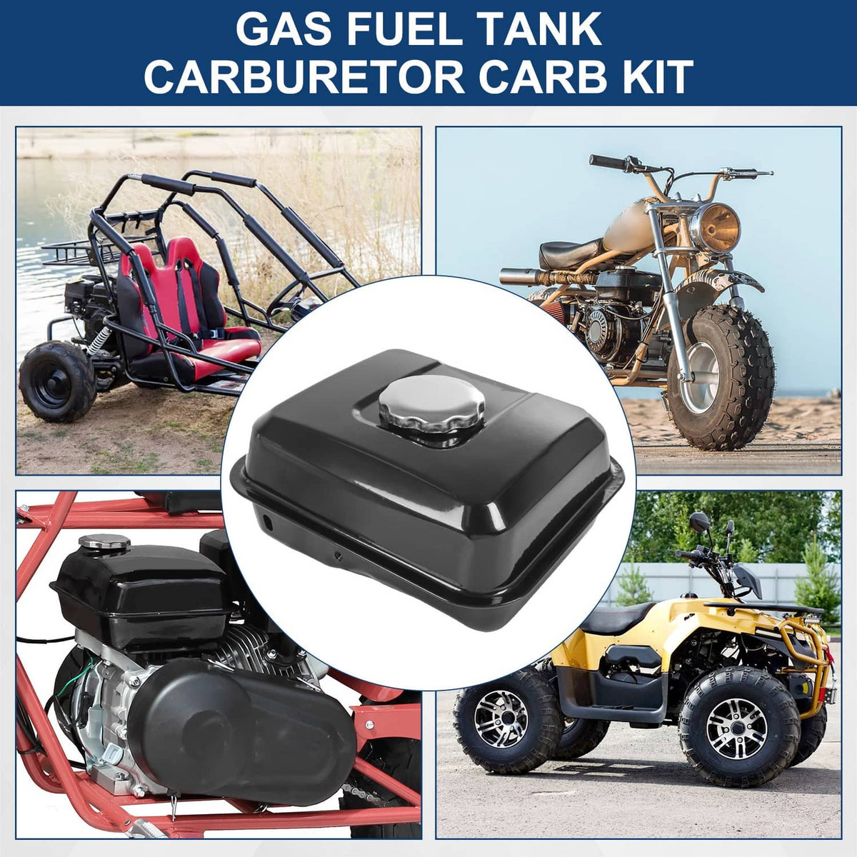 Black gas fuel tank for small engines, shown with cap opening