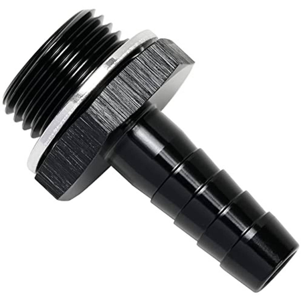 Black connector fitting with M18x1.5 male threads and 3/8 hose barb outlet