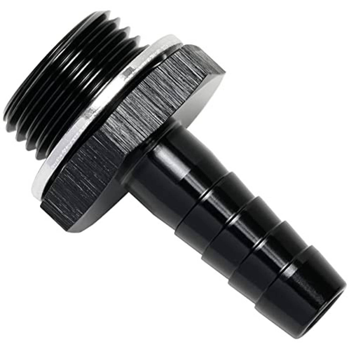 Black connector fitting with M18x1.5 male threads and 3/8 hose barb outlet