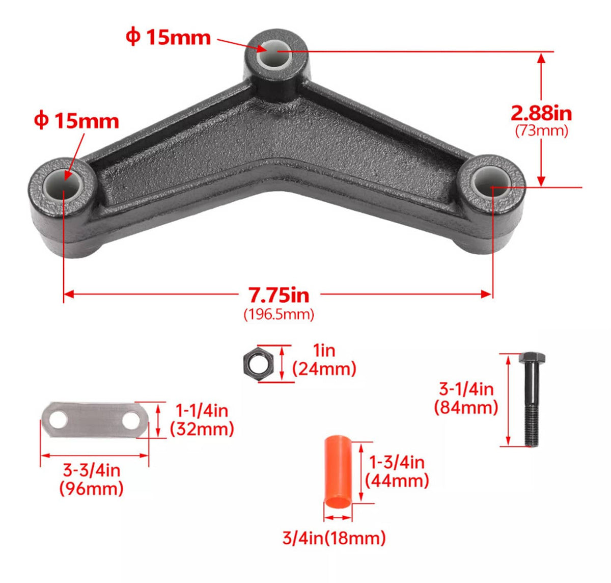 Black steel shackle arm with mounting bushings, showing measurement dimensions