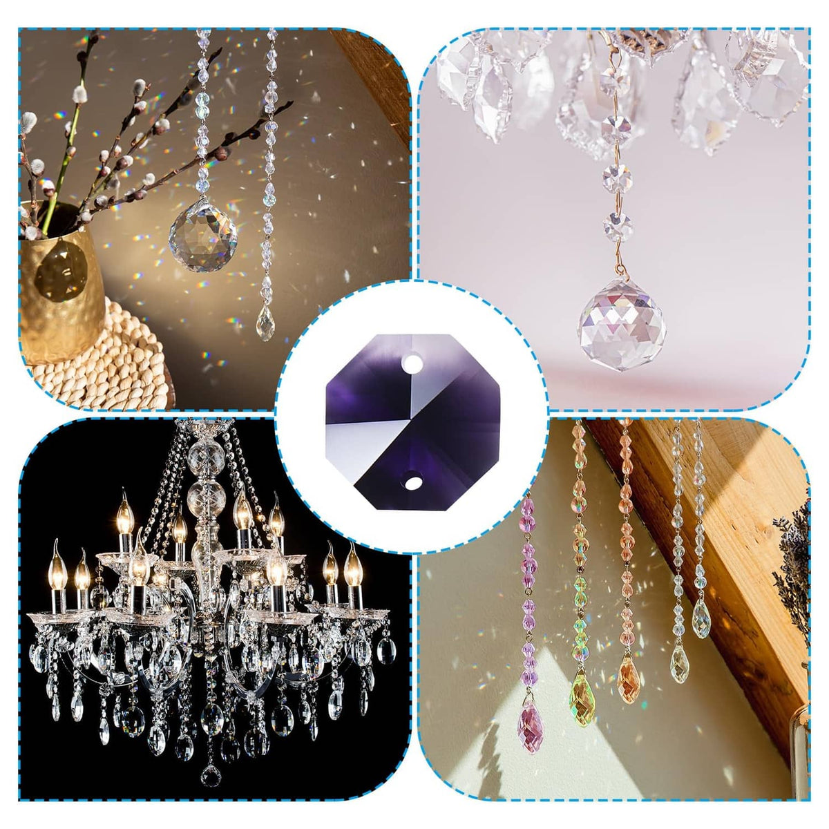 Decorative hanging crystal ornament set with faceted drops and octagon bead detail.