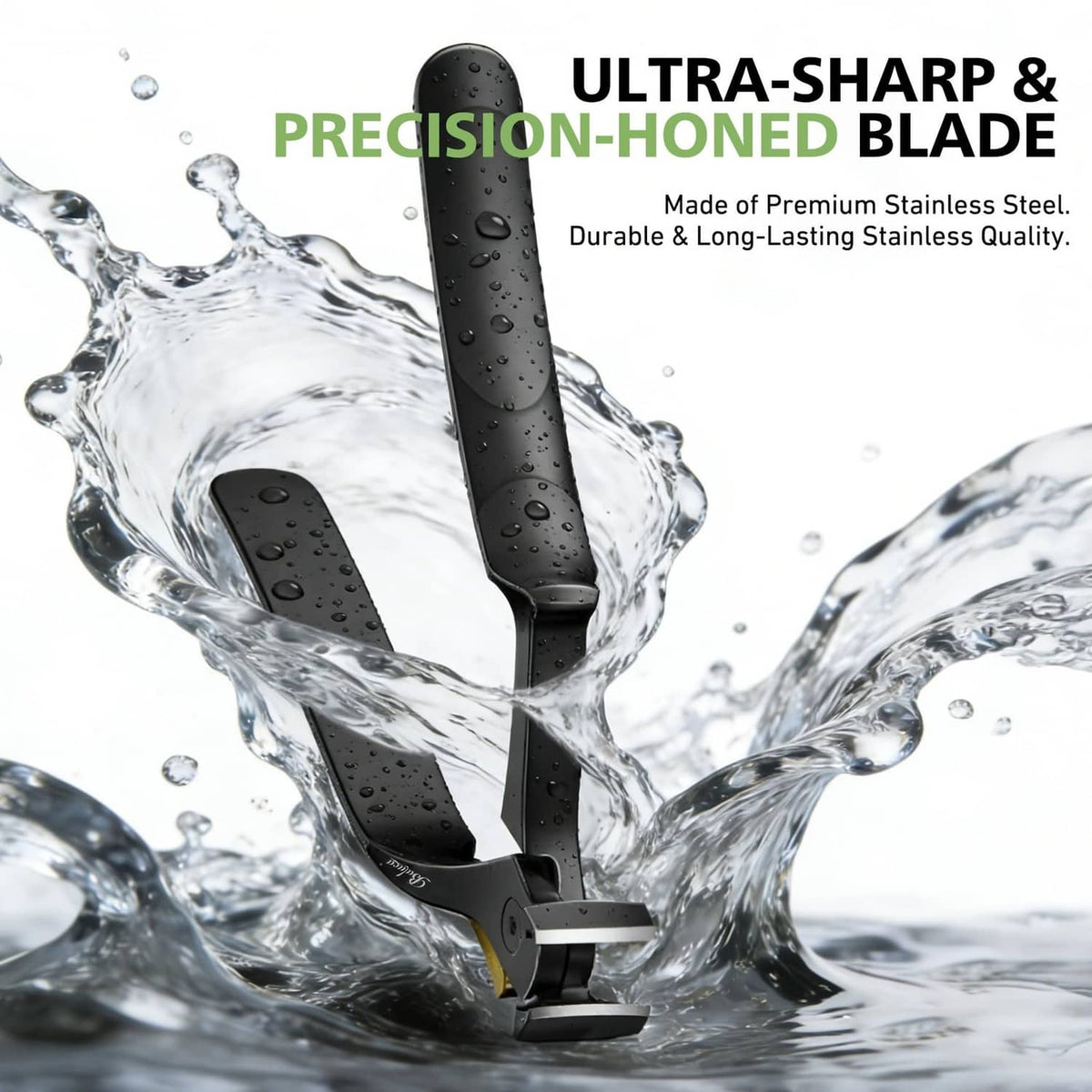 Black precision nail clipper with blade surrounded by water splash.