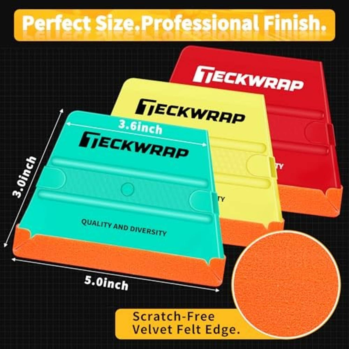 Trapezoid felt squeegees with textured orange felting and semicircular grip edge.