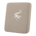 Taupe backrest cushion cover with textured weave and white decorative emblem