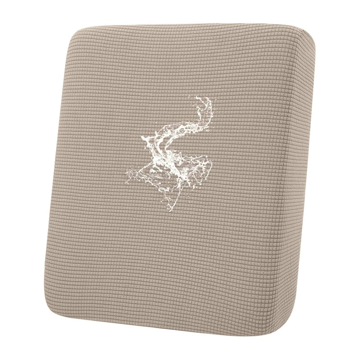 Taupe backrest cushion cover with textured weave and white decorative emblem