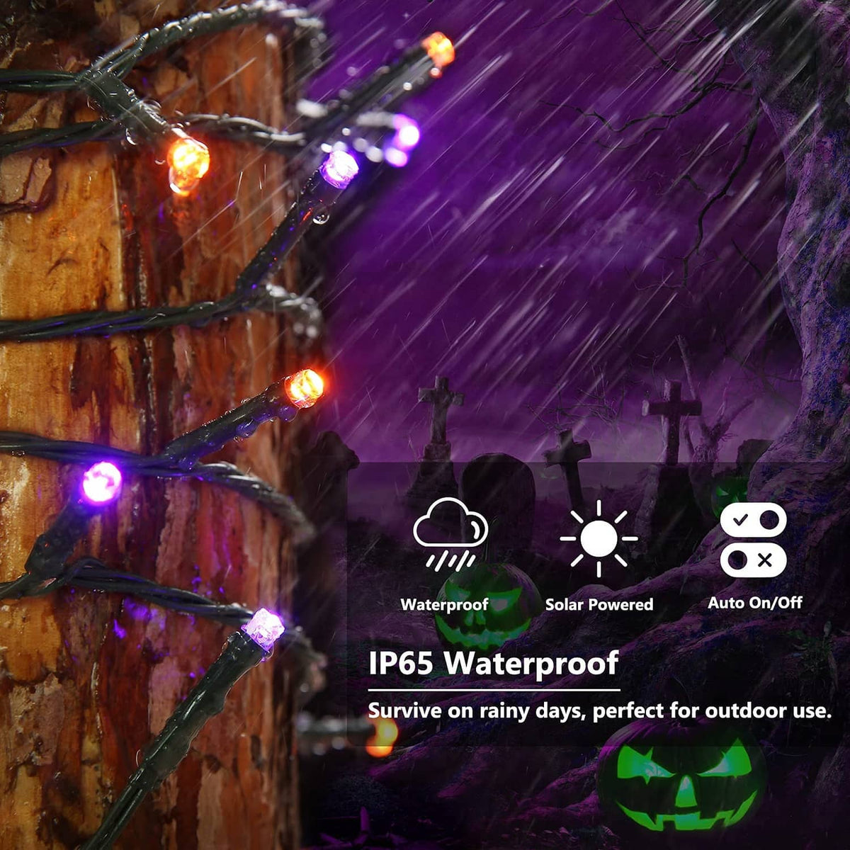 Waterproof Halloween solar string lights with purple and orange LED bulbs on outdoor branches