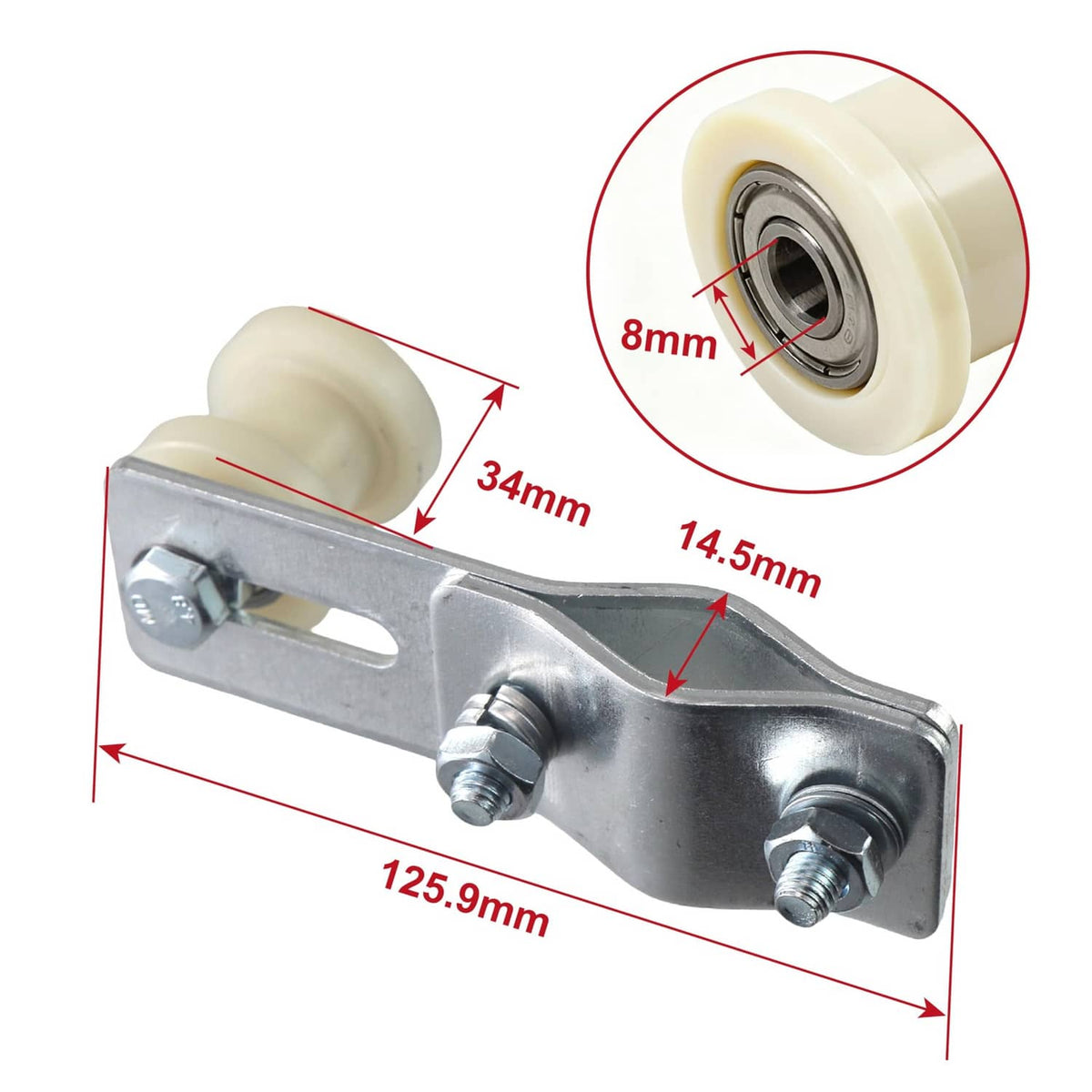 Metal chain tensioner arm with white guide wheel and circular bearing