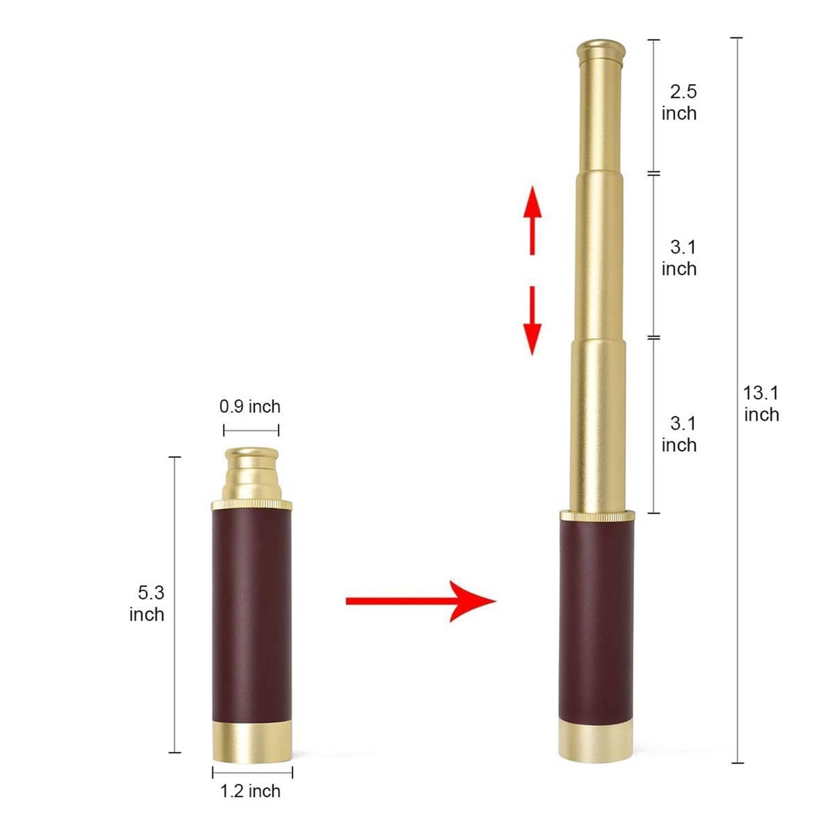 Handheld monocular telescope, gold frame and maroon body, size 13.1 in