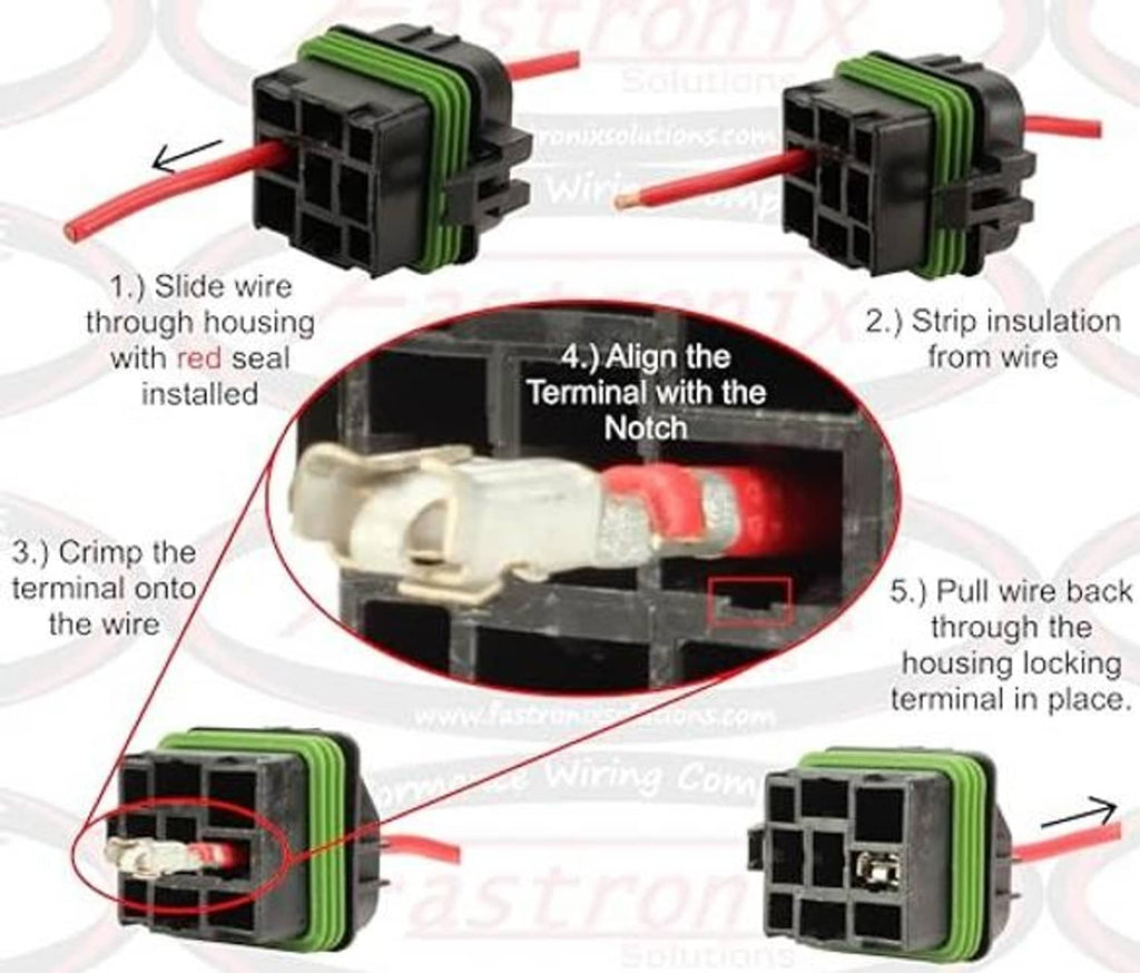 Relay socket kit installation steps with wired connector and terminal wiring diagram